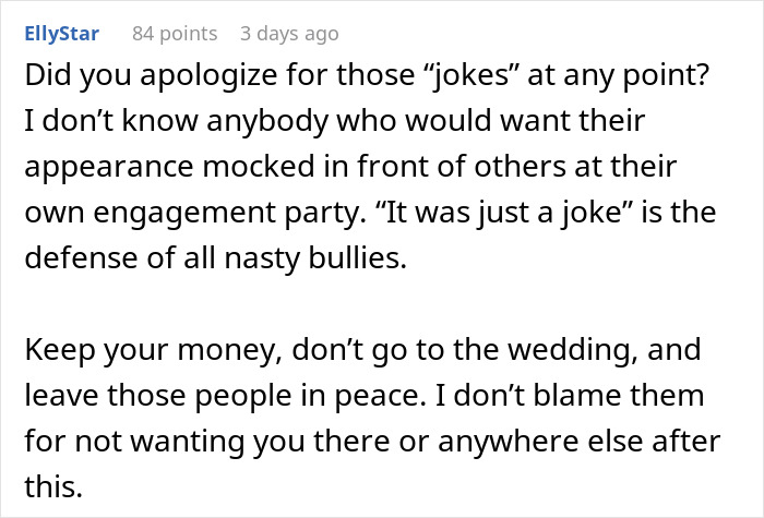 Comment discussing a bride banning a groom’s brother-in-law for a discount insult and refusal to lend $2K. Comment discussing a bride banning a groom’s brother-in-law for a discount insult and refusal to lend $2K.