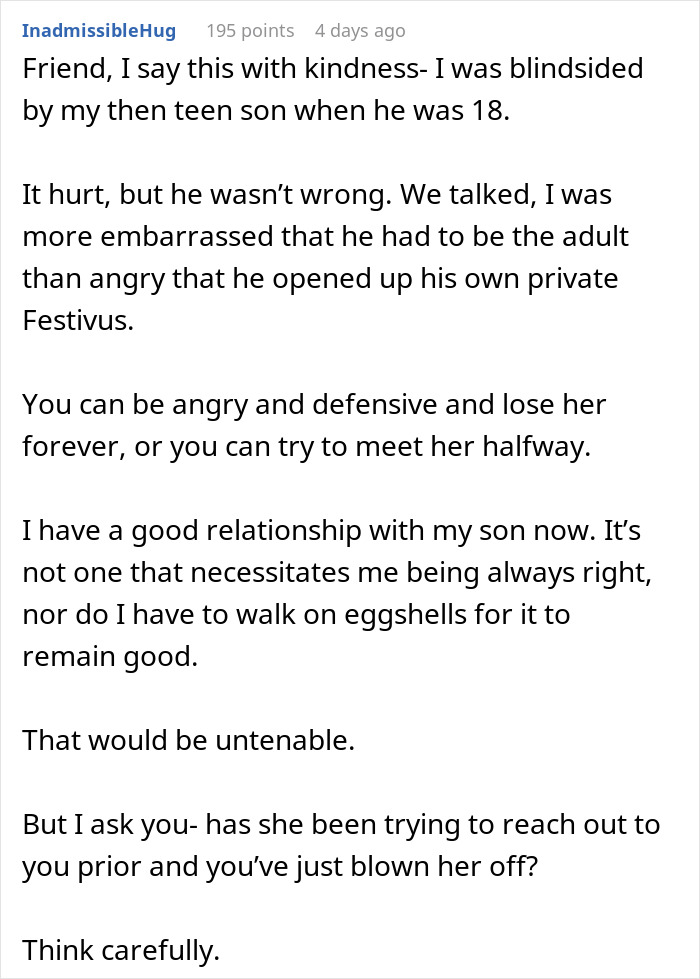 Commenter sharing advice on handling family conflicts and generational trauma to improve parent-child relationships online.