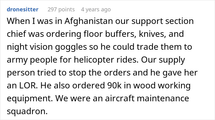 Screenshot of a soldier recounting tracking missing equipment and reporting supply chain misconduct in an aircraft maintenance unit.