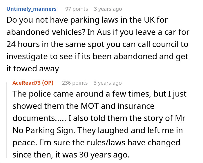 Reddit comments discussing parking laws and a man's experience with police regarding public road parking disputes. Reddit comments discussing parking laws and a man's experience with police regarding public road parking disputes.