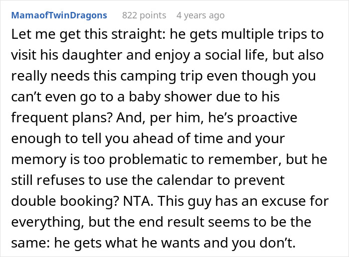 Screenshot of a Reddit comment discussing a man canceling plans to go on a cycle trip instead of watching his daughter. Screenshot of a Reddit comment discussing a man canceling plans to go on a cycle trip instead of watching his daughter.