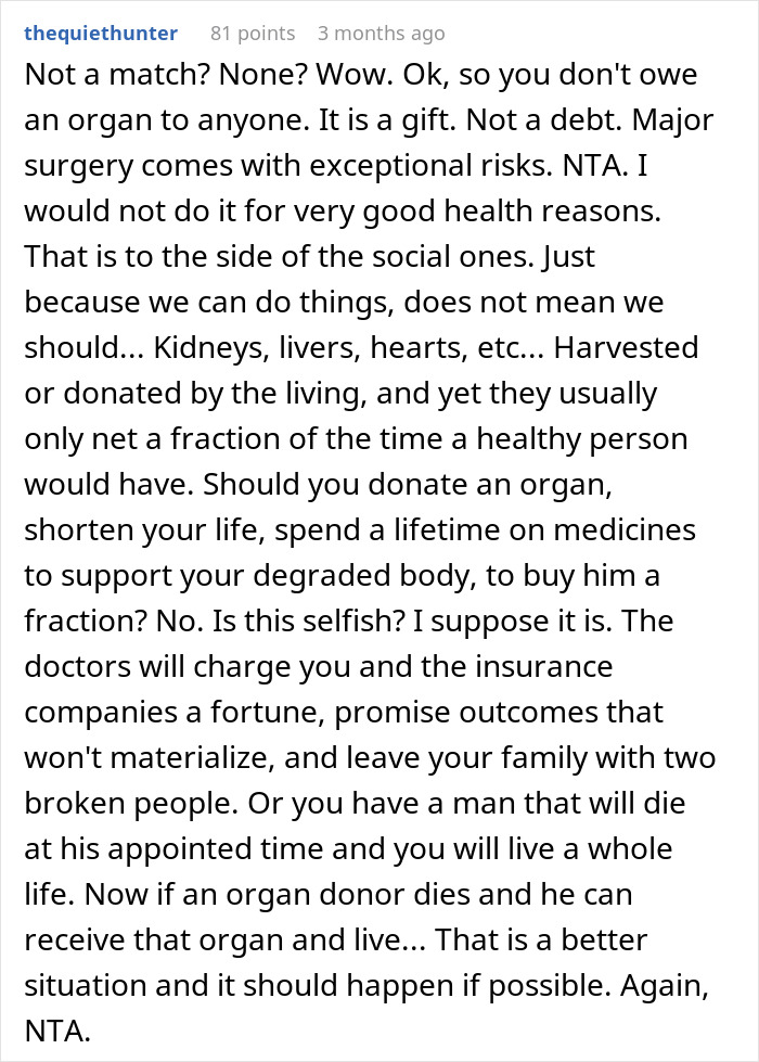 Online discussion explaining why a man refuses to donate an organ to his father due to childhood abuse and health risks. Online discussion explaining why a man refuses to donate an organ to his father due to childhood abuse and health risks.