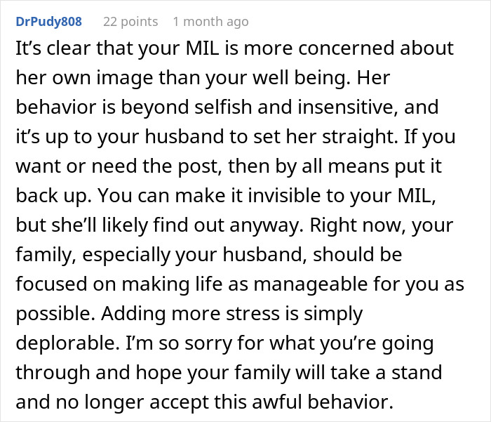 Comment discussing a woman battling cancer and her MIL’s insensitive reaction described as tacky and dramatic. Comment discussing a woman battling cancer and her MIL’s insensitive reaction described as tacky and dramatic.