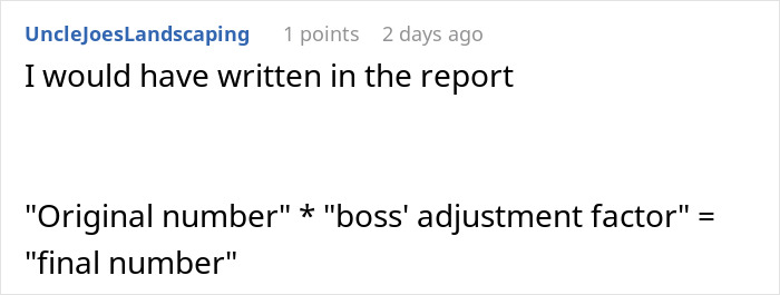Screenshot of a forum comment discussing boss’ request to fudge data to improve department results. Screenshot of a forum comment discussing boss’ request to fudge data to improve department results.
