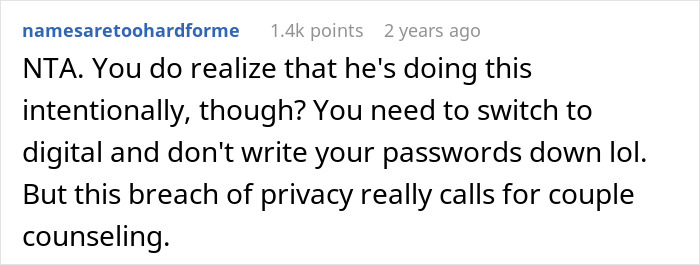 Screenshot of a Reddit comment discussing privacy breach and counseling after a man reads his wife’s diary behind her back. Screenshot of a Reddit comment discussing privacy breach and counseling after a man reads his wife’s diary behind her back.