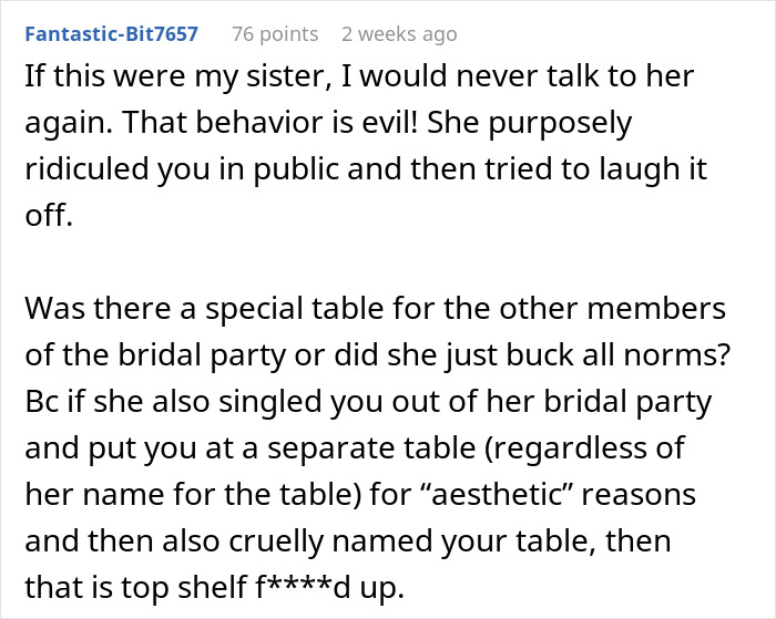 Screenshot of a forum comment discussing a bride putting all plus-size guests at a special weight watchers table. Screenshot of a forum comment discussing a bride putting all plus-size guests at a special weight watchers table.