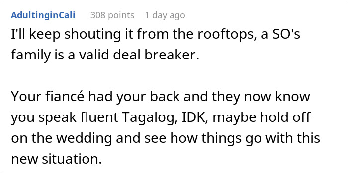 Text comment discussing a fiancé’s family trashing her, thinking she doesn’t speak their language, causing shock when she replies. Text comment discussing a fiancé’s family trashing her, thinking she doesn’t speak their language, causing shock when she replies.