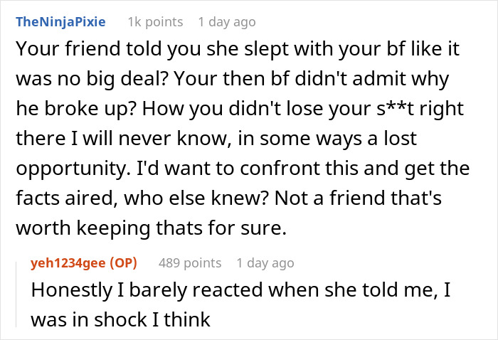 Text conversation about a woman revisiting a past breakup after her friend revealed she was the other woman.