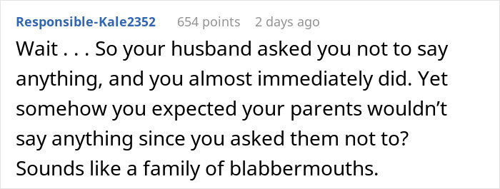Reddit comment about husband’s secret kid revelation, expressing frustration over family’s inability to keep secrets.