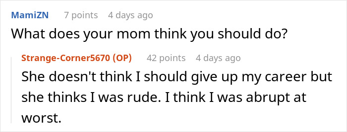 Screenshot of an online discussion where a woman shares her in-laws demand she quit her job for emasculating their son. Screenshot of an online discussion where a woman shares her in-laws demand she quit her job for emasculating their son.