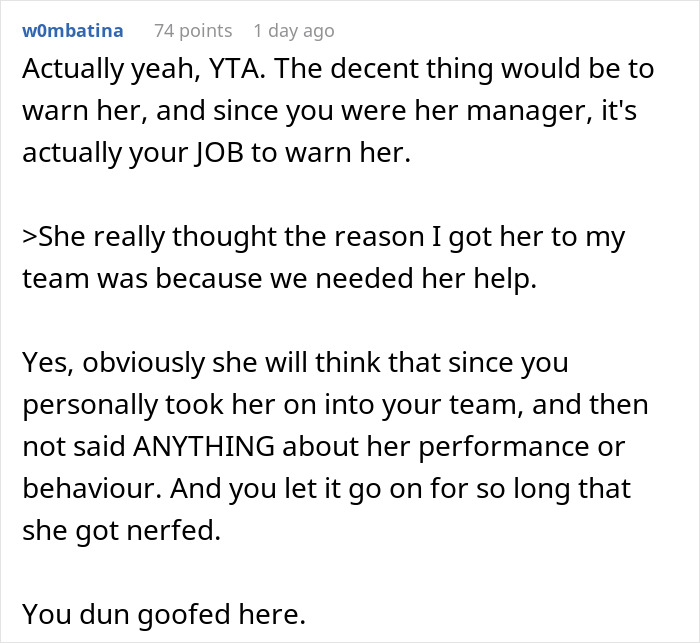 Reddit comment criticizing a manager for not warning her friend about getting fired leading to severe consequences. Reddit comment criticizing a manager for not warning her friend about getting fired leading to severe consequences.