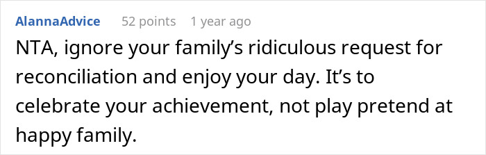 Comment on Reddit discussing refusal to reconcile with unhinged stepfather after burning father's picture. Comment on Reddit discussing refusal to reconcile with unhinged stepfather after burning father's picture.