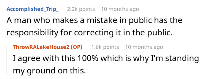 Screenshot of an online discussion about taking responsibility after a false accusation involving wife and father.