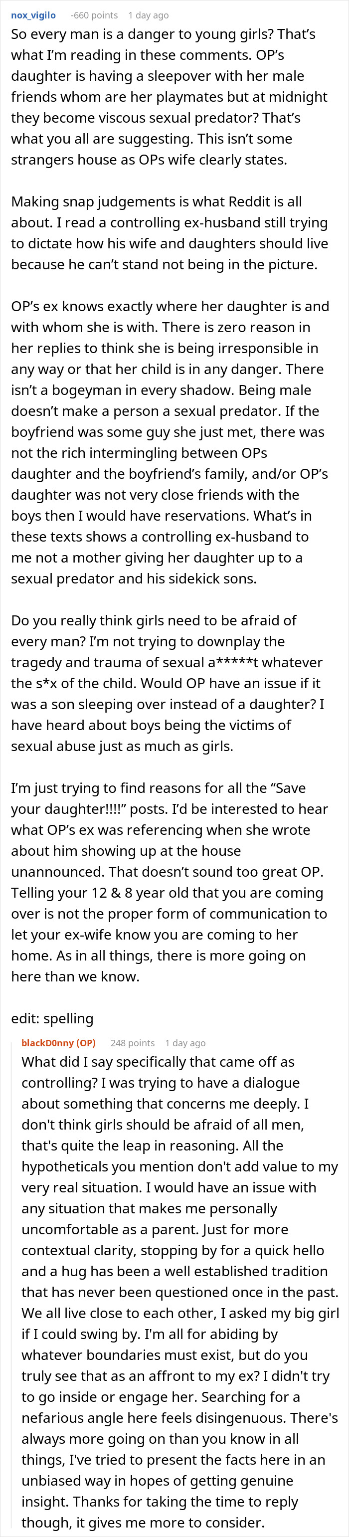 Reddit discussion about an 8-year-old spending the night at mom’s boyfriend’s house and dad’s concerns about family presence. Reddit discussion about an 8-year-old spending the night at mom’s boyfriend’s house and dad’s concerns about family presence.