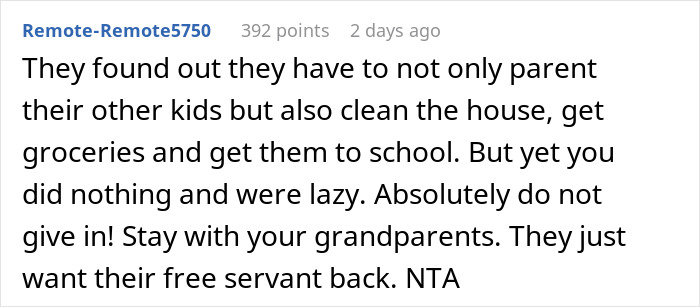 Screenshot of an online comment about an 18-year-old leaving a toxic home to escape sharing a roof with toxic parents.