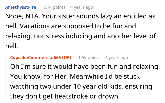 Reddit comments discussing a vacation rift caused by a woman choosing friend over sister and niblings for the trip. Reddit comments discussing a vacation rift caused by a woman choosing friend over sister and niblings for the trip.