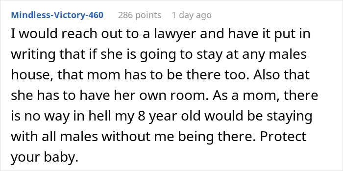 Comment discussing concerns about an 8-year-old spending the night at mom’s boyfriend’s house without family or female present. Comment discussing concerns about an 8-year-old spending the night at mom’s boyfriend’s house without family or female present.