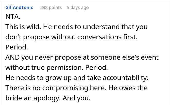 Screenshot of a Reddit comment discussing a man planning a public proposal at a wedding without asking, causing distress.