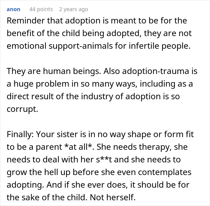 Comment discussing adoption trauma and infertility challenges faced by a baby-mad woman with strained family relations. Comment discussing adoption trauma and infertility challenges faced by a baby-mad woman with strained family relations.