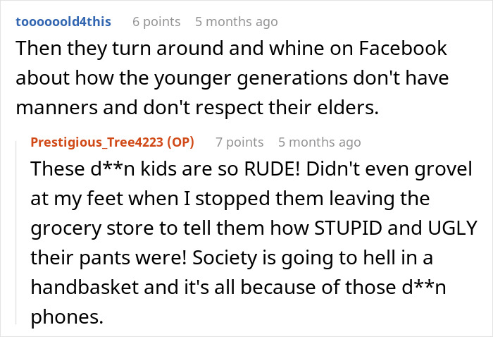 Screenshot of a boomer complaining about stranger’s pants and reacting with shock to the unexpected response online. Screenshot of a boomer complaining about stranger’s pants and reacting with shock to the unexpected response online.