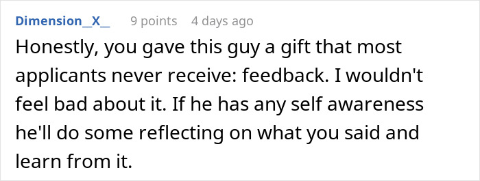 Comment text on a white background discussing feedback given to a job interview candidate with a high chance of getting hired. Comment text on a white background discussing feedback given to a job interview candidate with a high chance of getting hired.