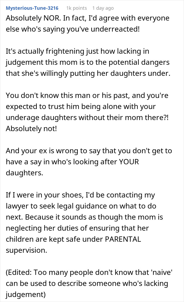Reddit comment discussing concerns about an 8-year-old spending the night at mom's boyfriend's house and dad's reaction. Reddit comment discussing concerns about an 8-year-old spending the night at mom's boyfriend's house and dad's reaction.