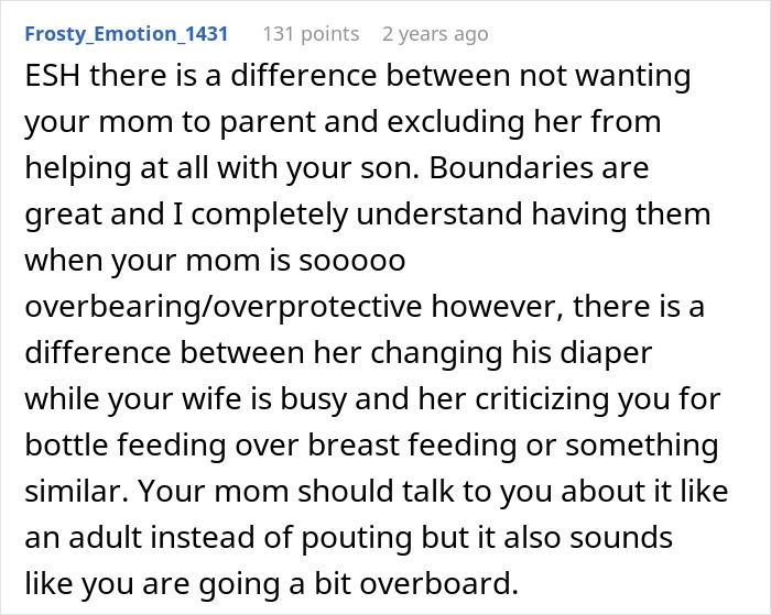 Comment discussing boundaries and overprotective behavior in a family where in-laws help with baby care but mom is excluded. Comment discussing boundaries and overprotective behavior in a family where in-laws help with baby care but mom is excluded.