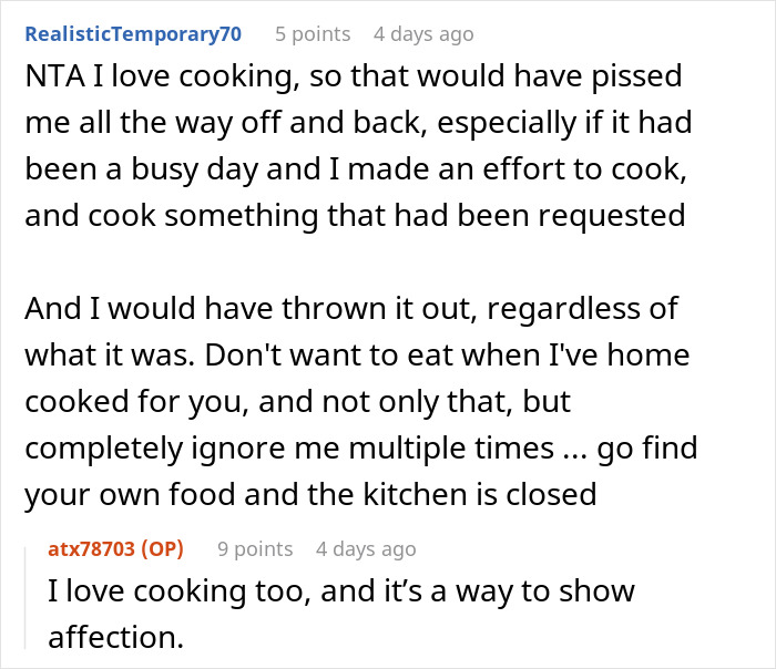 Comment discussing family’s entitled behavior after home-cooked meal was ignored and the kitchen was closed in frustration.