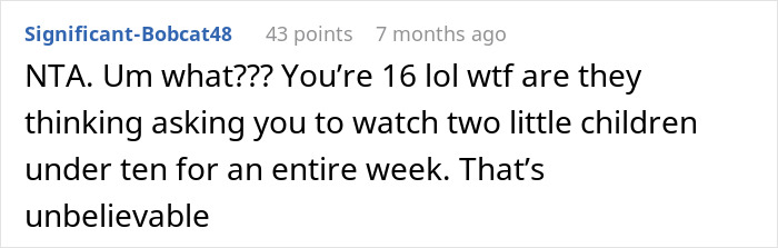Comment discussing a teen refusing to babysit step-siblings for a week, highlighting parents' meltdown reaction. Comment discussing a teen refusing to babysit step-siblings for a week, highlighting parents' meltdown reaction.