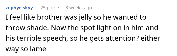 Comment about best man’s speech comparing groom’s bride choice to IKEA trip, with wedding guests reacting negatively.