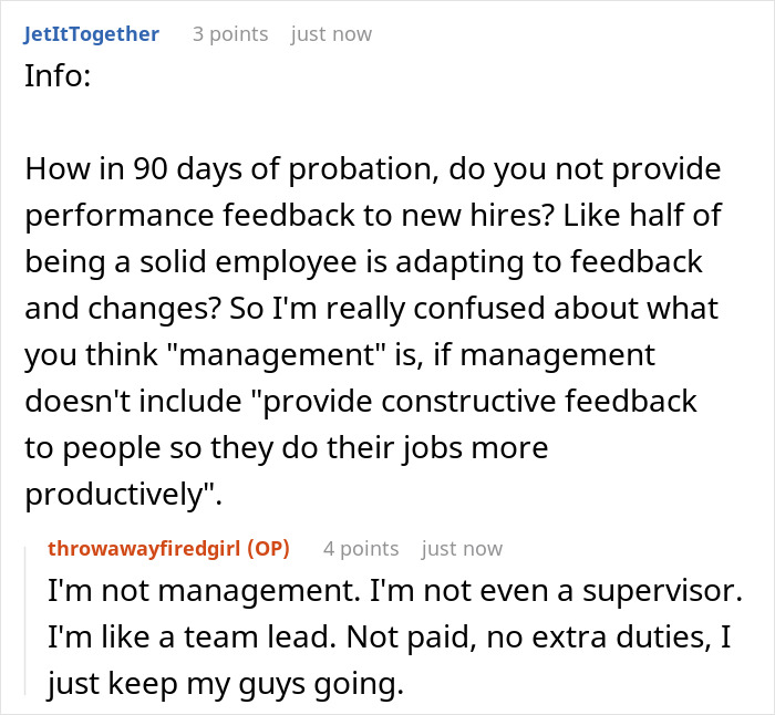 Text conversation discussing management and feedback during probation related to getting fired and workplace issues. Text conversation discussing management and feedback during probation related to getting fired and workplace issues.