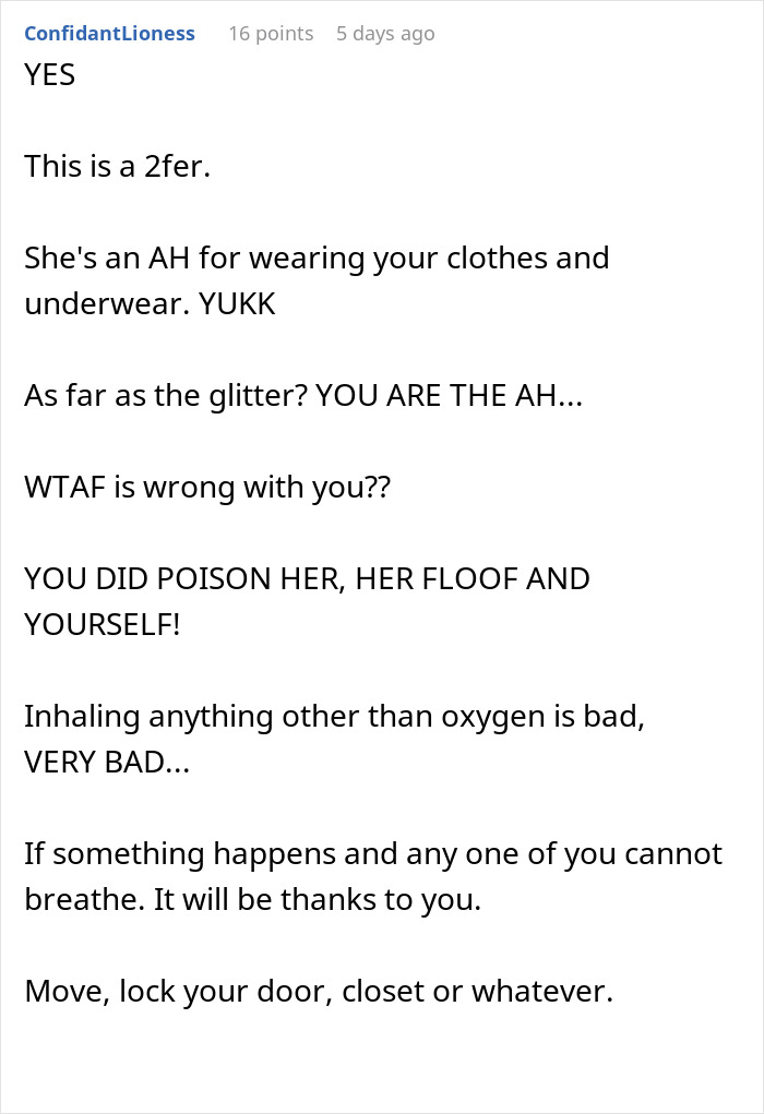 ALT text: Reddit comment discussing woman putting glitter in roommate’s humidifier after clothes theft and warning about inhaling risks. ALT text: Reddit comment discussing woman putting glitter in roommate’s humidifier after clothes theft and warning about inhaling risks.
