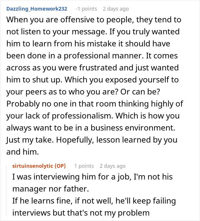Screenshot of a conversation discussing a job interview where a candidate with a high chance of getting hired blows it quickly. Screenshot of a conversation discussing a job interview where a candidate with a high chance of getting hired blows it quickly.