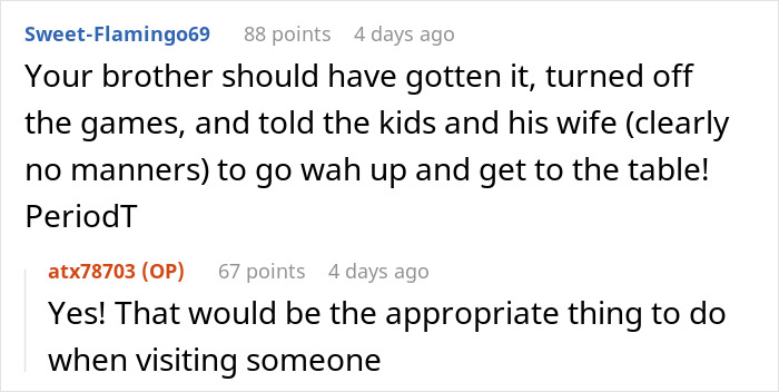 Reddit comments discussing family’s entitled behavior and consequences of refusing to serve others during a visit.