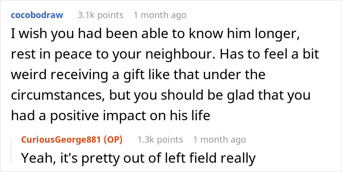 Commenters discuss a quiet retiree who suddenly passes, surprising neighbor by leaving apartment for fixing his sink.