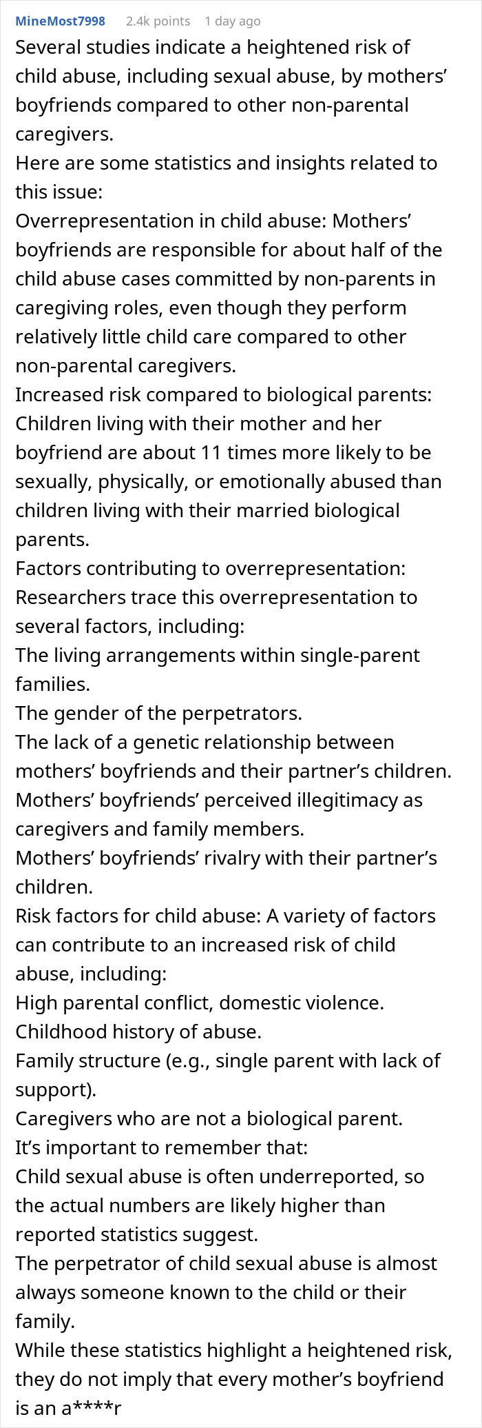 Text post discussing increased risk of child abuse by mothers' boyfriends compared to other caregivers. Text post discussing increased risk of child abuse by mothers' boyfriends compared to other caregivers.