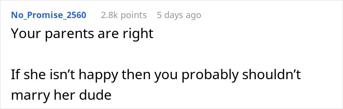 Reddit comment advising not to marry if she isn’t happy, related to sisters say gf propose ring small discussion.