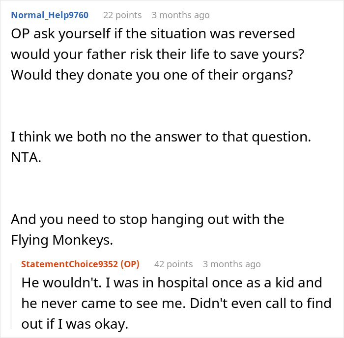 Reddit comments discussing a man refusing to donate an organ to his father who made his childhood hell. Reddit comments discussing a man refusing to donate an organ to his father who made his childhood hell.
