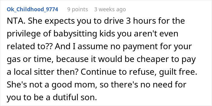 Text discussion about absentee mom expecting teen to pause life and babysit fiancé's kids without payment or travel support. Text discussion about absentee mom expecting teen to pause life and babysit fiancé's kids without payment or travel support.