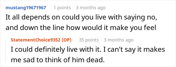 Screenshot of an online forum discussion about a man refusing to donate an organ to his father who caused childhood trauma. Screenshot of an online forum discussion about a man refusing to donate an organ to his father who caused childhood trauma.