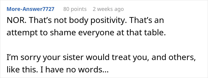 Commenter responding to a post about a bride seating plus-size guests at a special weight watchers table. Commenter responding to a post about a bride seating plus-size guests at a special weight watchers table.
