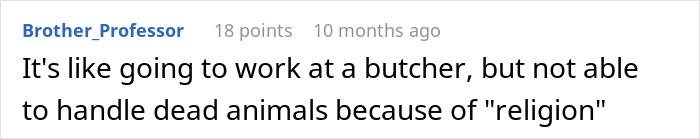 Screenshot of a comment discussing a boss confronting a custodian about emptying feminine hygiene waste bins due to religion. Screenshot of a comment discussing a boss confronting a custodian about emptying feminine hygiene waste bins due to religion.