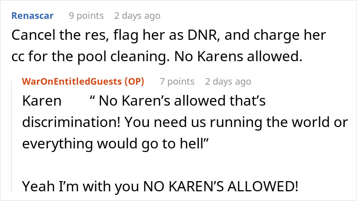 Online discussion about Karen's kid poop incident causing hotel pool controversy and rules enforcement.