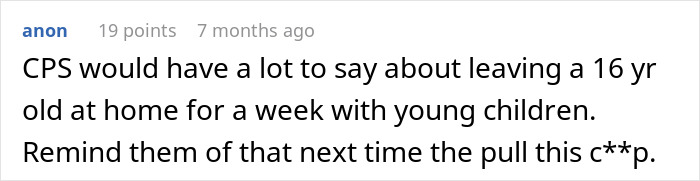 Screenshot of a social media comment discussing a teen refusing to babysit step-siblings and the parents’ meltdown. Screenshot of a social media comment discussing a teen refusing to babysit step-siblings and the parents’ meltdown.