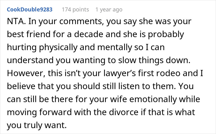 Reddit comment discussing emotional support and divorce delays after wife leaves for affair partner who dies in a crash. Reddit comment discussing emotional support and divorce delays after wife leaves for affair partner who dies in a crash.