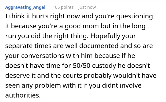 Comment about a mom covering for ex during custody weeks, encouraging documentation of no-shows for custody disputes. Comment about a mom covering for ex during custody weeks, encouraging documentation of no-shows for custody disputes.