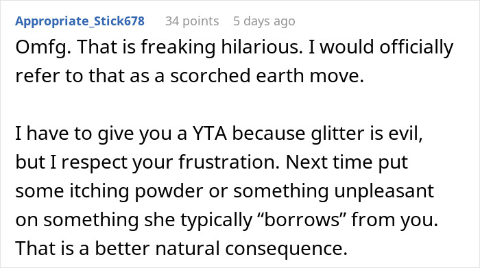 Comment discussing consequences of putting glitter in humidifier as revenge for roommate stealing clothes. Comment discussing consequences of putting glitter in humidifier as revenge for roommate stealing clothes.