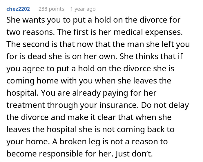 Text from a forum user explaining reasons why a wife wants her ex to delay the divorce after losing her affair partner. Text from a forum user explaining reasons why a wife wants her ex to delay the divorce after losing her affair partner.