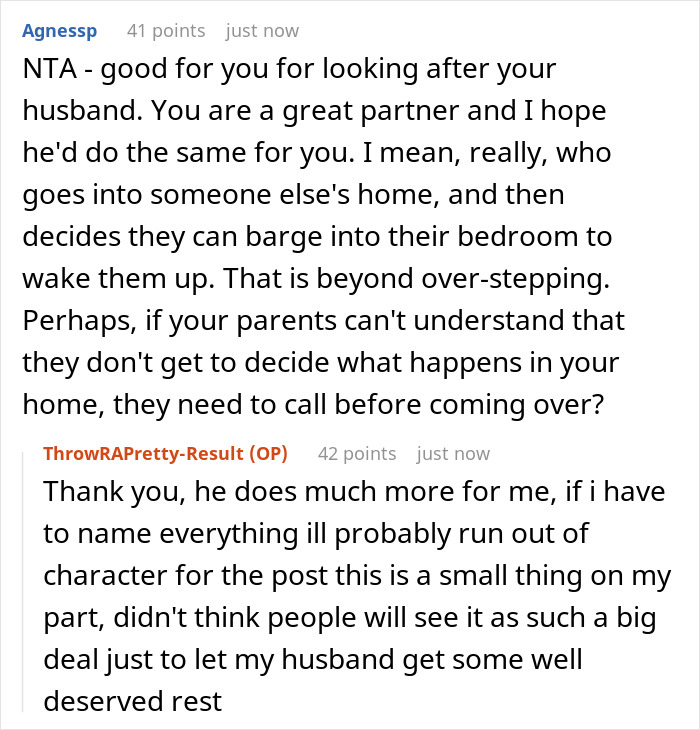 Reddit conversation about parents wanting to wake man who sleeps past noon despite pregnant wife, causing tension. Reddit conversation about parents wanting to wake man who sleeps past noon despite pregnant wife, causing tension.