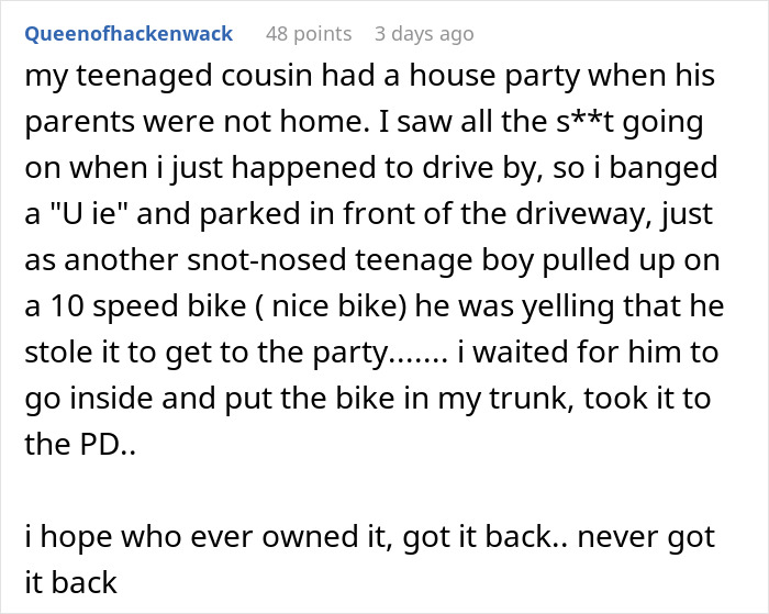 Alt text: Text post describing a teenager tricking a bike thief by taking the stolen bike and reporting it to the police. Alt text: Text post describing a teenager tricking a bike thief by taking the stolen bike and reporting it to the police.